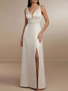 Vestido primavera 2026, elegante liso con abertura, vestido tirantes estilo francés - Blanco - Ver 1