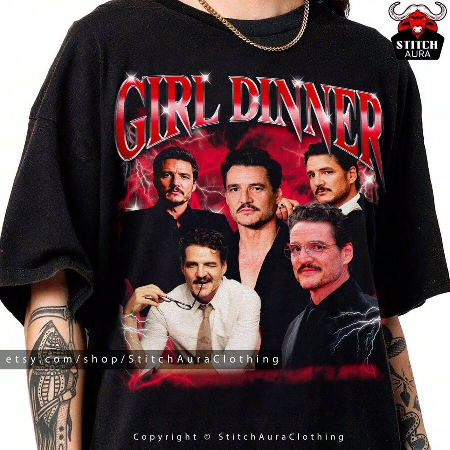 Girl Dinner Pedro Pascal Retro Otleg Shirt Gifor Man, Team Pedro Tee, Vintage Pin, Mandalorian - 黑色 - 查看 1