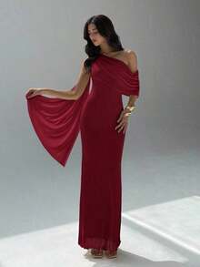 Vestido de mujer de unicolor con hombros asimétricos - Burdeos - Ver 10