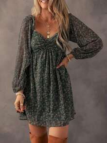 Acelitt Vestido de manga farol con frente fruncido y parches con estampado floral diminuto, elegante para vacaciones de primavera - Verde Oscuro - Ver 12