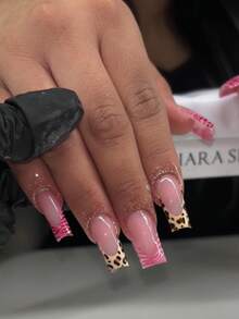 10 piezas de pegatinas de uñas brillantes, uñas postizas acrílicas cuadradas medianas, base rosa nude con estampado de leopardo y rayas de cebra rosa, estilo dulce Y2K, forma de mano favorecedora, adecuado para uso diario y fiestas, mejor vendedor de manicura francesa con estampado de leopardo - Rosa - Ver 2