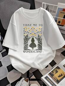 Figura de una chica frente a flores doradas simboliza curiosidad y la búsqueda de mundos mágicos donde la imaginación florece entre la naturaleza encantada camiseta de mujer  cómoda y moderna para uso diario - Blanco - Ver 2