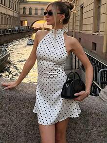 女款波點波希米亞風優雅編織布料露背打結掛脖洋裝，適合度假、約會，推薦夏季白色派對穿著 - 白色 - 查看 5