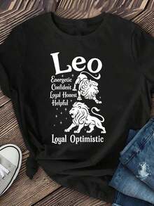 Camiseta Casual para Mujer con Gráfico del Zodíaco Leo - Estampado de León y Estrellas, Manga Corta, Cuello Redondo, Tejido Transpirable de Elasticidad Media, Lavable, para Primavera, Verano y Otoño, Moda de Temporada, Motivo Animal, Ajuste Cómodo, Camiseta Estampada, Camisetas con Gráficos del Zodíaco, Camisetas con Gráficos Occidentales, Ropa para Hombre, Camisas para Hombre, Camisetas Gráficas, Ropa de Mujer, Tops de Verano, Ropa de Verano, Camisetas Gráficas, 100% Algodón, Duradera - Negro - Ver 2