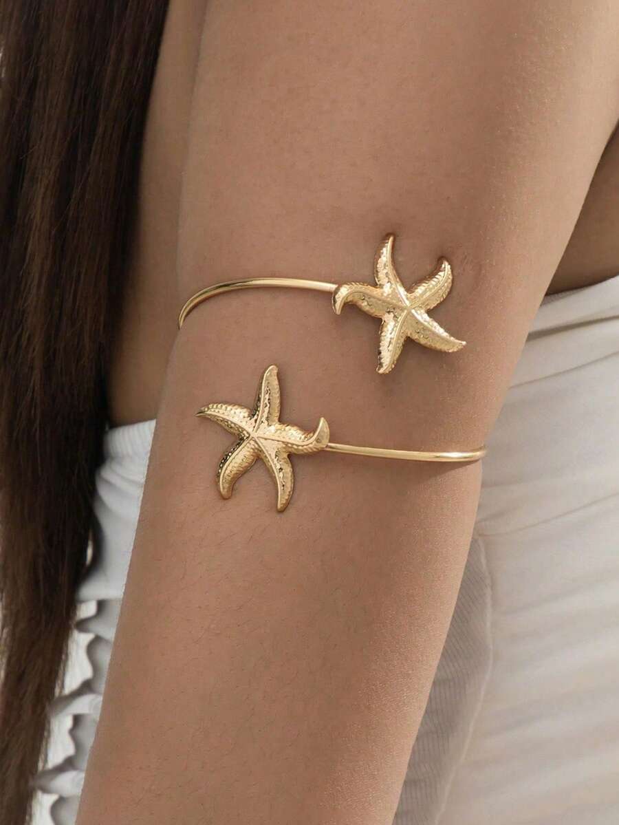 Elegant 3D Gold Flower & Butterfly Openable Bangle Bracelet, Adjustable Starfish & Faux Pearl Armlet - Starfish - View 1