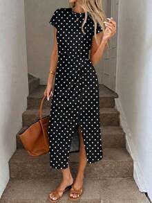 Vestido midi casual de mujer con estampado de lunares, cintura retorcida y abertura alta sin mangas; Vestido ajustado texturizado casual de mujer; Conjunto de fitness de mujer; Vestido de invitada de boda de mujer; Atuendo de oficina de mujer - Multicolor 7 - Ver 2