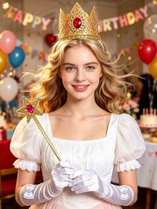 Birthday Party Crown Headband, 5-Pointed Star Magic Wand, White Bow Gloves Combo, Princess Costume Accessories Set, Party Supplies - View 4