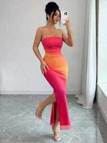 Vestido de fiesta elegante de mujer con cintura ceñida, estampado de malla teñida anudada y abertura lateral - Rosa 2 - Ver 6