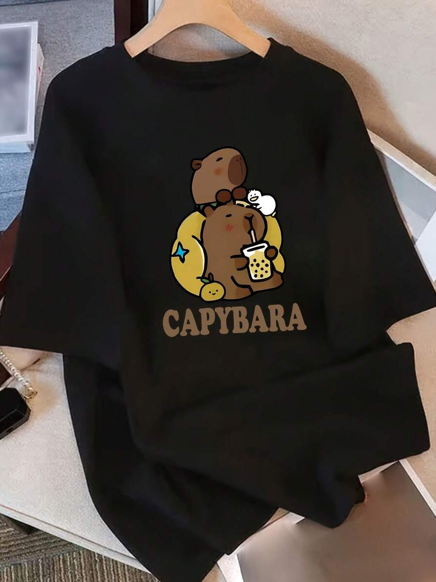 Camiseta Pure para Mujer, de Manga Corta, Diseño de Nicho, Estampada, Novedad Verano 2025, Top Holgado de Media Manga para Damas | Diseño exquisito | Suelto y cómodo | Fácil de combinar | - Negro - Ver 1