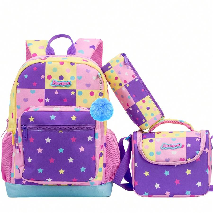Set de 3 piezas de mochila para niñas, mochila escolar con estampado lindo de estrellas & lunares con bolso cruzado y estuche para lápices, mochila escolar ligera para niñas, vuelta al colegio - Conjunto de mochilas escolares para niñas - Ver 1