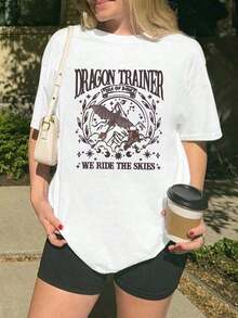 Camiseta de Mujer con Estampado Gráfico "Entrena a Tu Dragón", Manga Corta, Cuello Redondo, Estilo Casual para Verano y Primavera100% Cotton - Blanco - Ver 6
