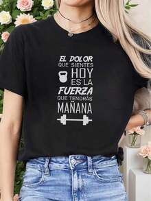 ModaModaA Camiseta de Mujer con Estampados de Letras y Equipos de Gimnasio de Dibujos Animados, Moda de Verano, Ropa Casual, Comodidad y Suavidad, para Actividades Diarias al Aire Libre, Fitness y Transpirable, Camisetas Gráficas de Manga Corta con Cuello Redondo, Camisetas Gráficas Estilo Western, Ropa para Hombre, Camisetas Gráficas, Ropa de Mujer, Tops de Verano, Ropa de Verano, Camisetas Gráficas, Bonitas, Estampadas. - Negro - Ver 3