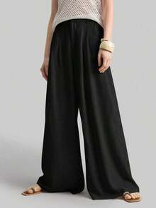Ontre 2026SS Nuevos pantalones de pierna ancha para mujer, pantalones casuales y sueltos con cintura plisada, adecuados para estilo bohemio, Ibiza, vacaciones, festivales, invitados de boda, oficina, maestros, vuelta al colegio, con bolsillos, ajuste relajado, elegante estilo urbano chic, pantalones versátiles para mujer para primavera/verano - Negro - Ver 9