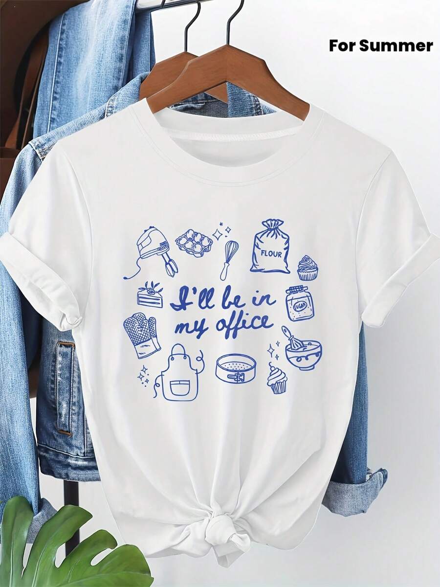 Camiseta Casual de Manga Corta y Cuello Redondo para Mujer, Estampado de Oficina, Primavera-Verano, para Amantes de la Repostería, Estilo Diario, Salidas Cotidianas, Regalo para Vacaciones - Blanco - Ver 1