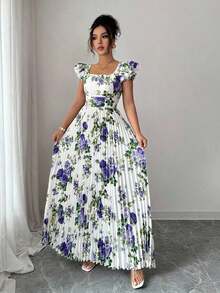 xheSelianne Vestido largo con estampado floral elegante y vuelo plisado en el bajo para mujer, para veranoxhe - Morado - Ver 4