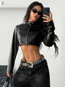 Abrigo de manga larga ajustado y corto con cremallera, de cuero negro, cómodo, estilo streetwear, rave, hippie, athleisure y Y2K para mujer, otoño - Negro - Ver 4