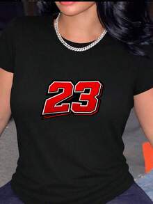 Comfortable Women's Chicago 23 Print T-Shirt, Urban Style T-Shirt, Breathable Everyday T-Shirt, Chicago American Urban Fashion Top, Chicago T-Shirt, Summer Clothes, Geometric Print, Comfortable Material, Short Sleeve T-Shirt JDAGLoose Versatile Short Sleeve T-Shirt For Women - 黑色 - 查看 12