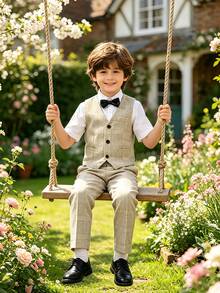 New Boys' Suit Tuxedo, Host Piano Formal Wear, Wedding Flower Boy Outfit, Striped Boys' Tuxedo, Wedding Flower Boy F Tuxedo 3 Pieces Set, Vest + Pants + Bow Tie Set - Khaki - View 5