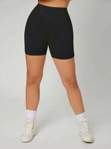 Pantalones cortos de ciclismo de cintura alta y color sólido - Negro - Ver 4