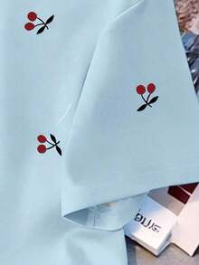 Women's Casual T-Shirt, Gray, New Summer Design, Round Neck, Sweet Cherry Print, Graphic Design, Student Style, Versatile Minimalist Fit, Suitable For Daily Wear, Outdoor Activities, Travel, Comfortable, Essential For Women - 藍白色 - 查看 4