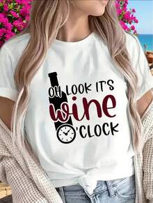 Polyester Short-Sleeved T-Shirt With Oh Look It's Wine O'Clock Graphic Design, Casual Wear For Home, Restaurant Or, Lightweight And Durable, Perfect For Everyday Wear. - 白色 - 查看 7