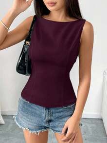 Camisa tipo camisola ajustada sin mangas con espalda abierta y lazo, unicolor.Elegante, informal, sexy y minimalista para oficina y negocio.Primavera/Verano - Burdeos - Ver 6