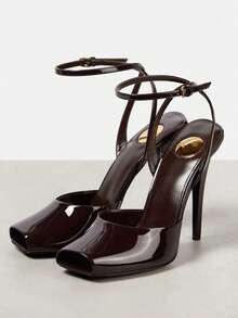 hanxiangyuzu Sandalias de tacón alto y punta abierta sexy para mujer, sandalias elegantes con correa de tobillo de cuero, zapatos de vestir de punta abierta y sin espalda, calzado de moda para boda y fiesta - Negro - Ver 3