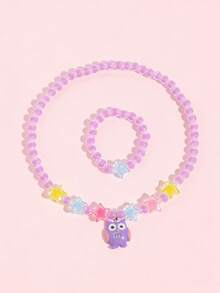 2pcs/Set Girls Cute Cartoon Flamingo Pendant Necklace Beaded Bracelet Jewelry Set, Random Color, Suitable For Girls Vacation Casual And Daily Wear, Perfect Gift - one-size - View 5