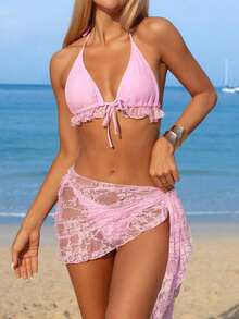 Conjunto de bikini de 3 piezas con tapa de falda, estilo de vacaciones en la playa, para mujer, con bikini halter sin espalda y encaje sexy - Rosa - Ver 1
