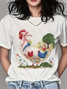 Fashion Printed T-Shirts For Women, Oversized Streetwear Tops, Comfortable And Stylish All-Match Summer Tees. Cotton T-Shirt With Chicken Farm Scene Print For Women - Cute Go And Gina Garden Design, Casual Summer Floral Pattern, Suitable For Daily Wear, Birthdays, Mother's Day, Or Farmers Market Outfits. 180g Soft - 白色 - 查看 1