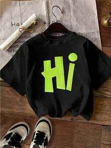 Summer 2026 Collection, Women's T-Shirt, Comfortable, Casual, Versatile, Elegant, Round Neck, Short Sleeve, Women's Top, Valentine's Day, Fluorescent Green Letter Print, 100% Cotton, Sizes S-7XL - 黑色 - 查看 6