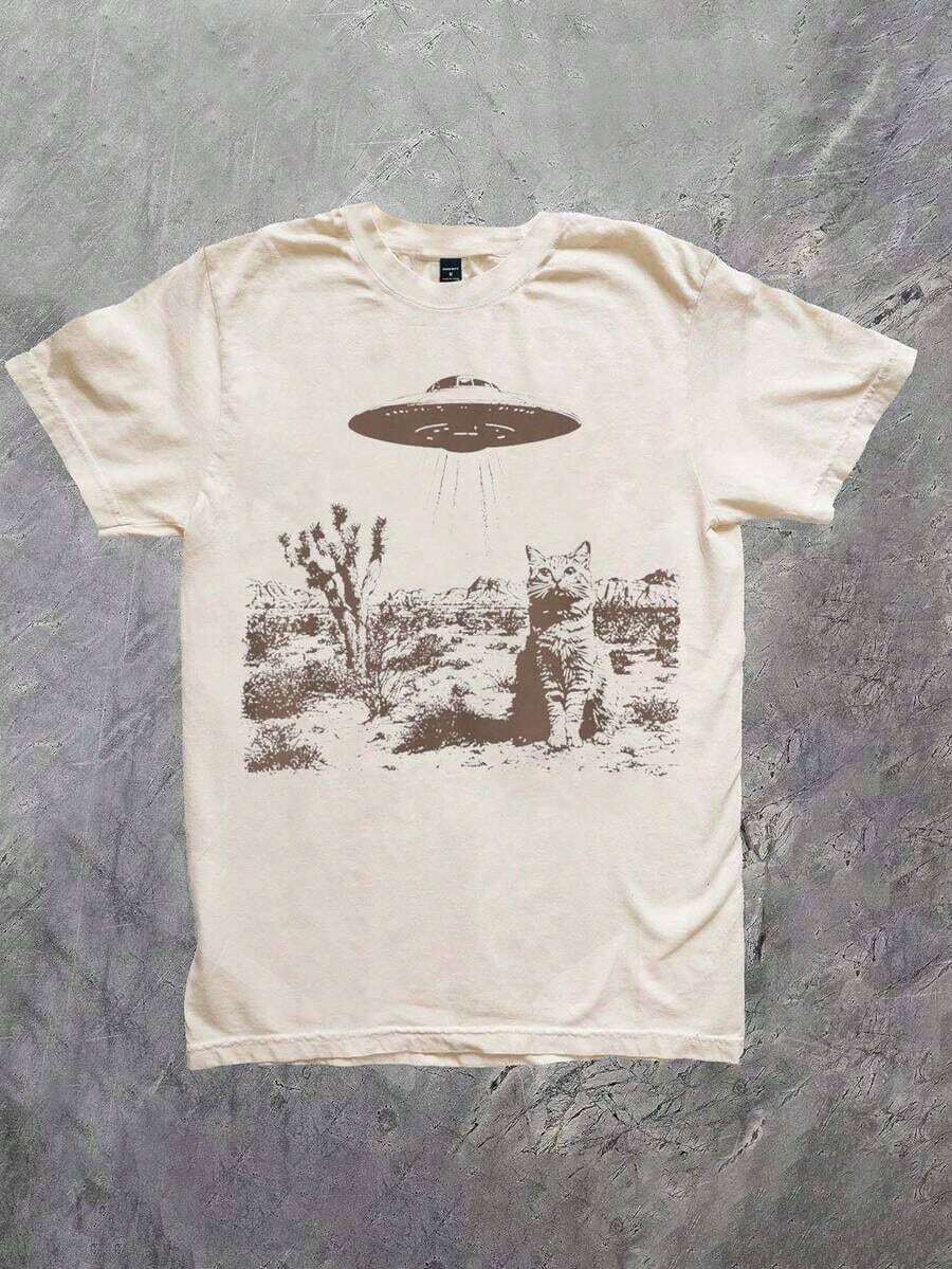 Moda 2026 Para Mujer Cotton T-shirt Casual Calidad   Camiseta de cuello redondo casual de verano con gráfico de OVNI y gato para hombresCamiseta Básica Unisex - Albaricoque - Ver 1