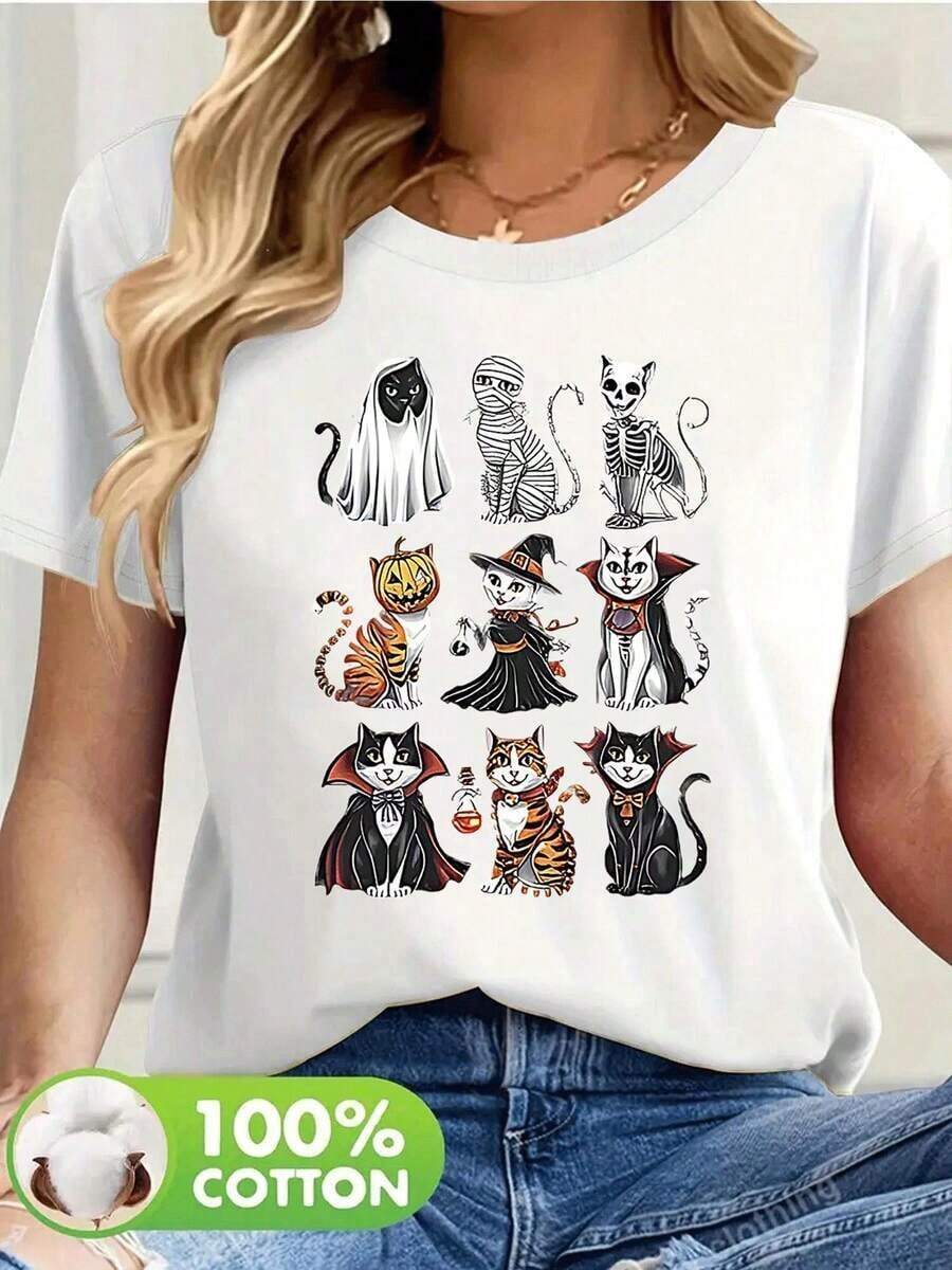 1 Piece Women's Beautiful Blouses For Women Women's Clothing Sets For Women Halloween Cat T-Shirt 180G White And Black With Ghost, Vampire, And Pumpkin Pattern High Quality Round Neck Loose And Breathable Basic Neck Versatile Machine Washable Comfortable Size S~3XL Daily Essential For Sports And Summer. Beautiful Blouses 100% Cotton - 白色的 - 查看 1