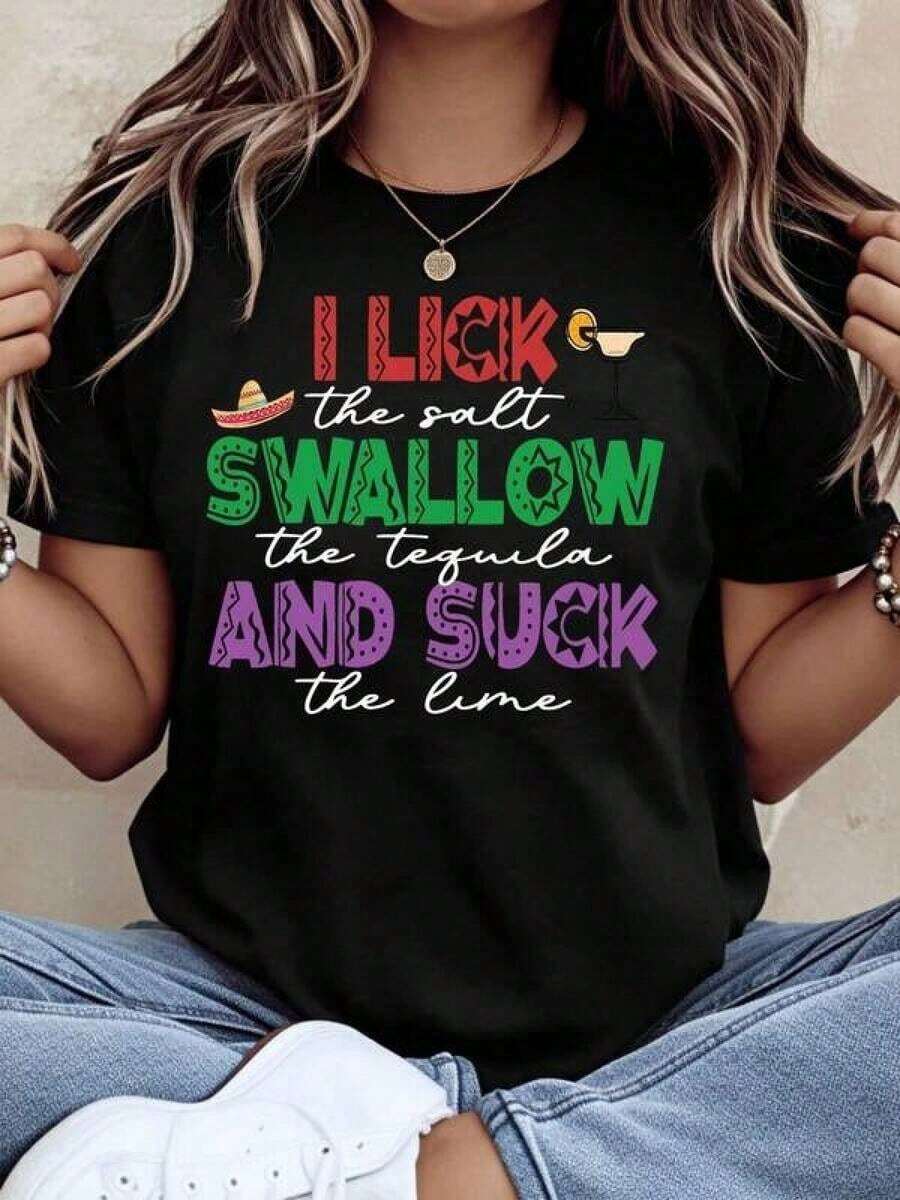 ropa casual, Camiseta estampada, Camisetas de algodón con gráficos, Camiseta divertida para mujer con estampado 'Lame la sal, bebo el tequila y chupo la lima', Camiseta para fiesta mexicana, Regalo para celebración del Cinco de Mayo, Top casual de verano, Camiseta, Blusas bohemias adecuadas para mujer, Camisa - Negro - Ver 1