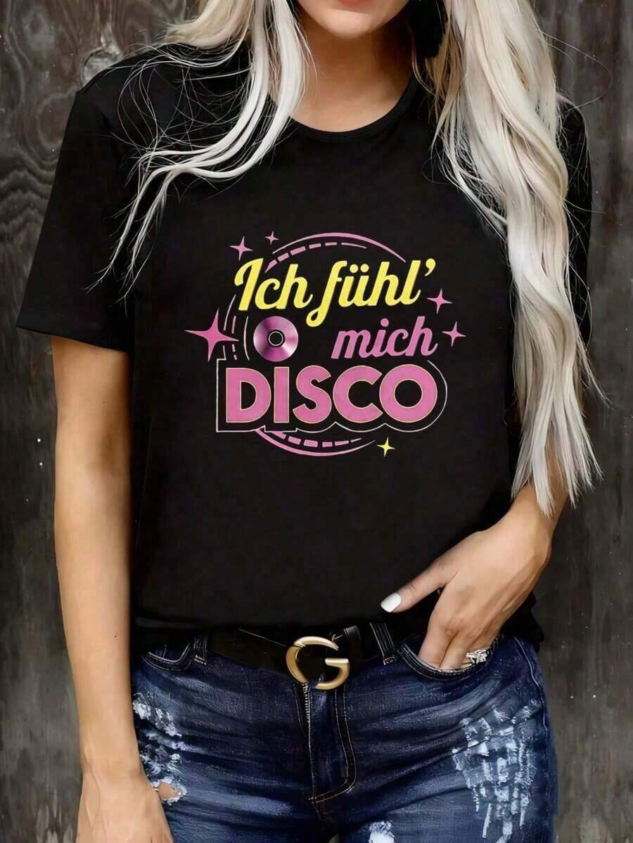1 Women's Short-Sleeved T-Shirt With A Round Neck, Model 2026, From The New Spring/Summer Collection, In Black, With A Disco-Style Print That Includes The German Phrase 'Ich Fühl' Mich DISCO' (I Feel Disco). Perfect For Parties, Casual Outings, Get-Togethers With Friends, And As A Festive Outfit Or Gift. Machine Washable Printed T-Shirt, Women's Printed T-Shirts, Summer T-Shirt, Casual T-Shirt, Women's Holiday Wear, Youthful And Modern Design, 180g 100% Cotton - 黑色 - 查看 1