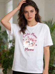 1 Piece Of Women's Pure Cotton Cat Print T-Shirt, New Design 2026 Print T-Shirt, Casual Round Neck T-Shirt For Spring And Summer, Women's Daily Wear T-Shirt, White/Black/Pink/Yellow/Green/Navy/Red, 180g, 100% Cotton. - 白色 - 查看 1