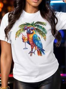 Women's Pure Cotton T-Shirt With Fun Tropical Print Of Parrots And Palm Trees - White T-Shirt, Blue Parrot, Breathable Stretch Fabric, Suitable For Beach, Party, Daily Summer Wear - Machine Washable Casual Top, Beach T-Shirt, Vacation Outfit, Cartoon Design, Comfortable Fit, Round Neck Top, Vacation Clothes, Party Clothes, Stretch Material, Short Sleeve T-Shirt, Vacation Style O9OX - 白色 - 查看 1