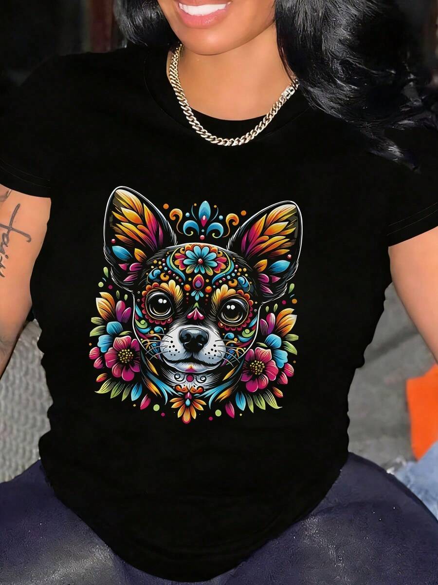 Women's Cotton T-Shirt, Made From A Soft And Breathable Cotton Blend, Featuring A Creative Day Of The Dead Dog Print. Machine Washable. Great As A Holiday Gift. Local Shipping Available. FNQU - 黑色 - 查看 1
