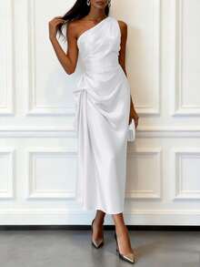 Women's Fashionable And Elegant One-Shoulder Slim-Fit Dress With A Stylish Pleated Waist Design, Slimming And Long Formal Gown - màu đen - Xem 2