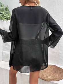 Chaqueta ligera y transparente de manga acampanada de unicolor casual de vacaciones EARO para primavera - Negro - Ver 2