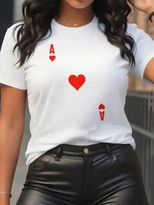 Women's T-Shirt, Casual Sports T-Shirt For Ladies, Round Neck T-Shirt, T-Shirt With Red Heart Design And A Simple Poker Card, Basic European And American Style For Women's Daily Wear, Comfortable Tops For All Seasons. - 黑色 - 查看 8