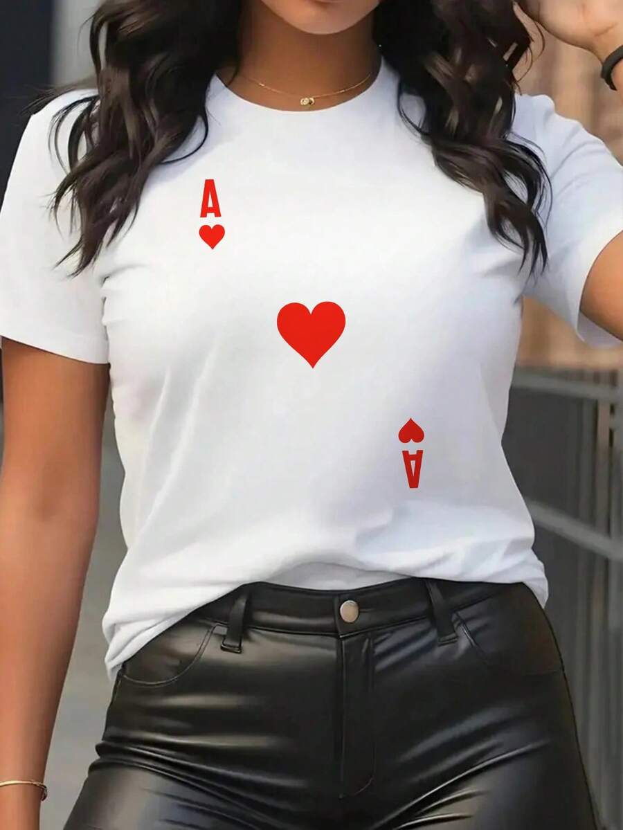 Women's T-Shirt, Casual Sports T-Shirt For Ladies, Round Neck T-Shirt, T-Shirt With Red Heart Design And A Simple Poker Card, Basic European And American Style For Women's Daily Wear, Comfortable Tops For All Seasons. - 白色 - 查看 1