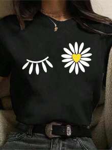 Camisetas de manga corta para verano, ropa femenina linda, camiseta de mujer con estampado divertido de margaritas, ropa de calle Harajuku, conjuntos de vacaciones para chicas y hombres. - Negro - Ver 1