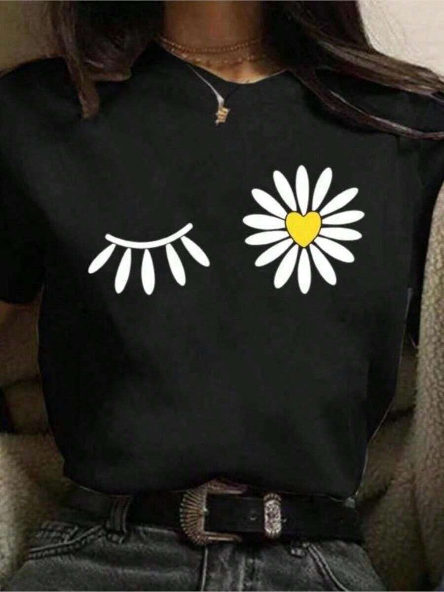 Camisetas de manga corta para verano, ropa femenina linda, camiseta de mujer con estampado divertido de margaritas, ropa de calle Harajuku, conjuntos de vacaciones para chicas y hombres. - Negro - Ver 1
