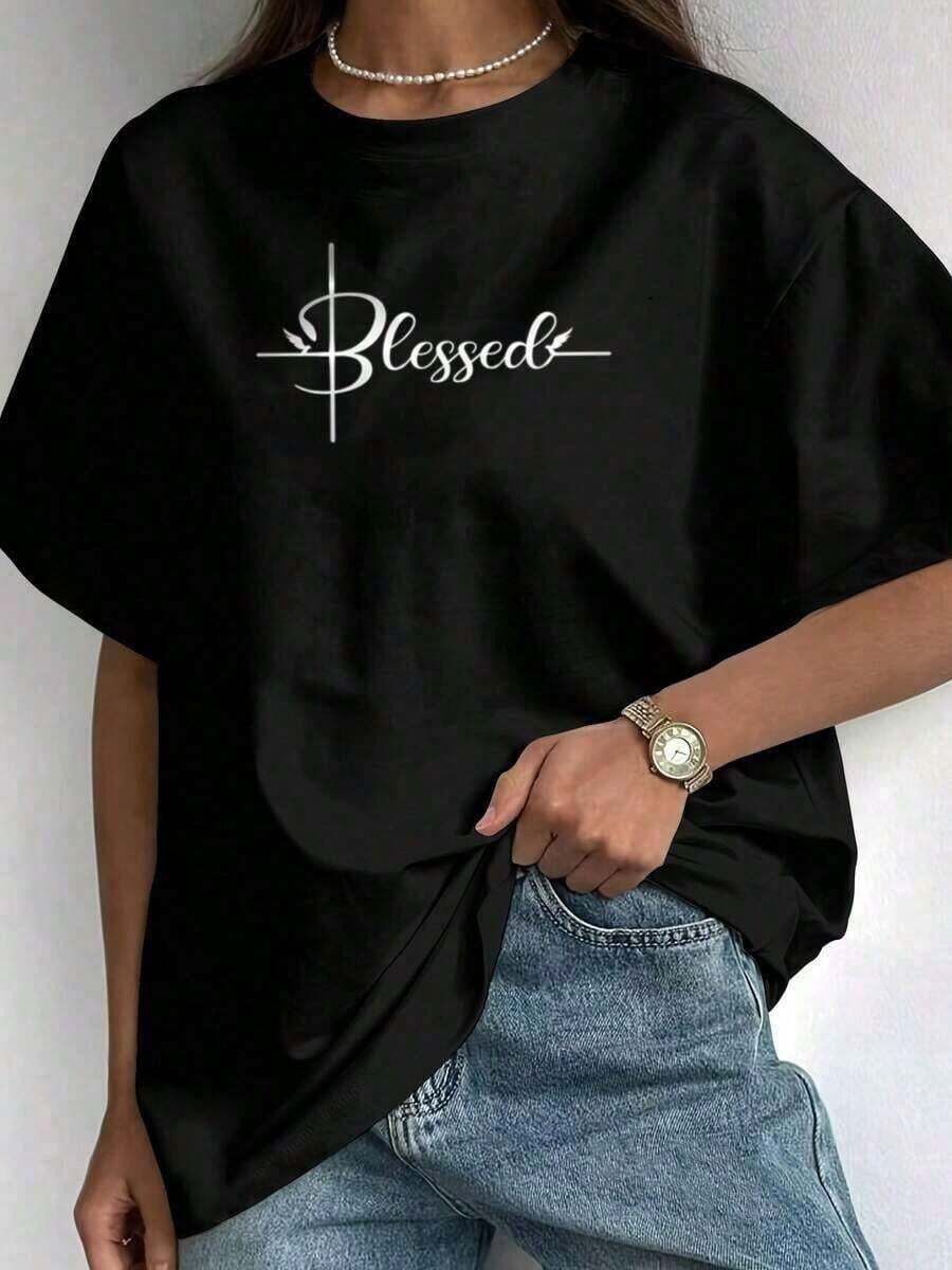 Simple And Versatile Design Women's Clothing: Short-Sleeved T-Shirt, A Beautiful Christian T-Shirt With A Cross Design, Perfect For Summer And With A Minimalist Religious Art Style. Cotton T-Shirt - 黑色 - 查看 1