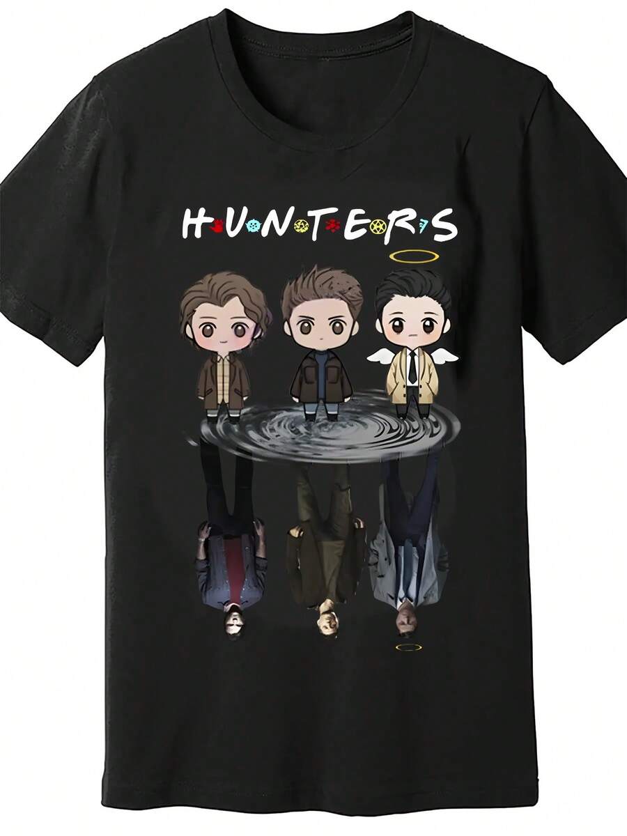 Hunters Reflection In The Water Graphic T-Shirt, Crew Neck T-Shirt, Men's Casual Short Sleeve T-Shirt, Jersey Fabric, Regular Fit For All Seasons - Black, Classic Cut, Soft And Comfortable Premium Fabric, Perfect Gift, Collectible T-Shirt - 黑色 - 查看 1