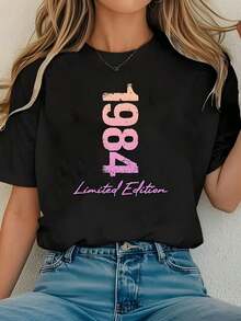 Women's T-Shirt With Limited Edition 1984 Print, Pink And Purple Vertical Numbers With Distressed Effect And Handwritten Lettering - 黑色 - 查看 1