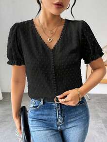 Blusa de gasa con estampado de lunares francés de moda para mujer, diseño elegante y elegante de manga corta con volantes para el verano - Negro - Ver 5