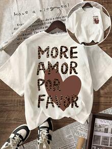 女款大尺碼休閒圓領短袖T恤，印有「MORE AMOR POR FAVOR」豹紋圖案，白色上衣，適合秋季/返校季/夏季 - 白色 - View 5