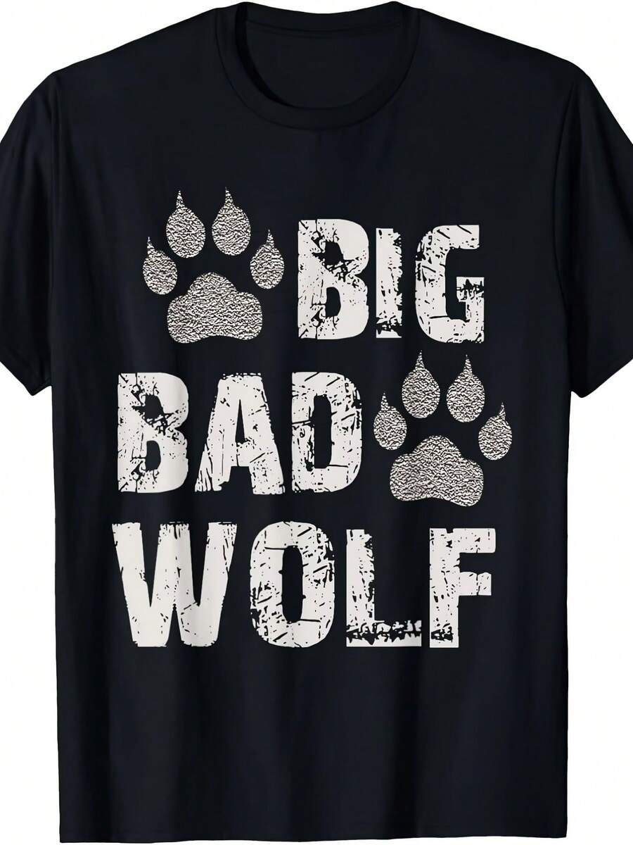 Sommer Men's Big Bad Wolf Print Shirt Distressed Paw Print Graphic T-Shirt Machine Washable Great For Wolf Themed Parties And Casual Wear Comfortable Short Sleeve Tee For Halloween Costumes And Themed Events Men's Clothing In A Bold Style With Wolf Print Loose And Comfortable Men's Shirt. - Back - View 1